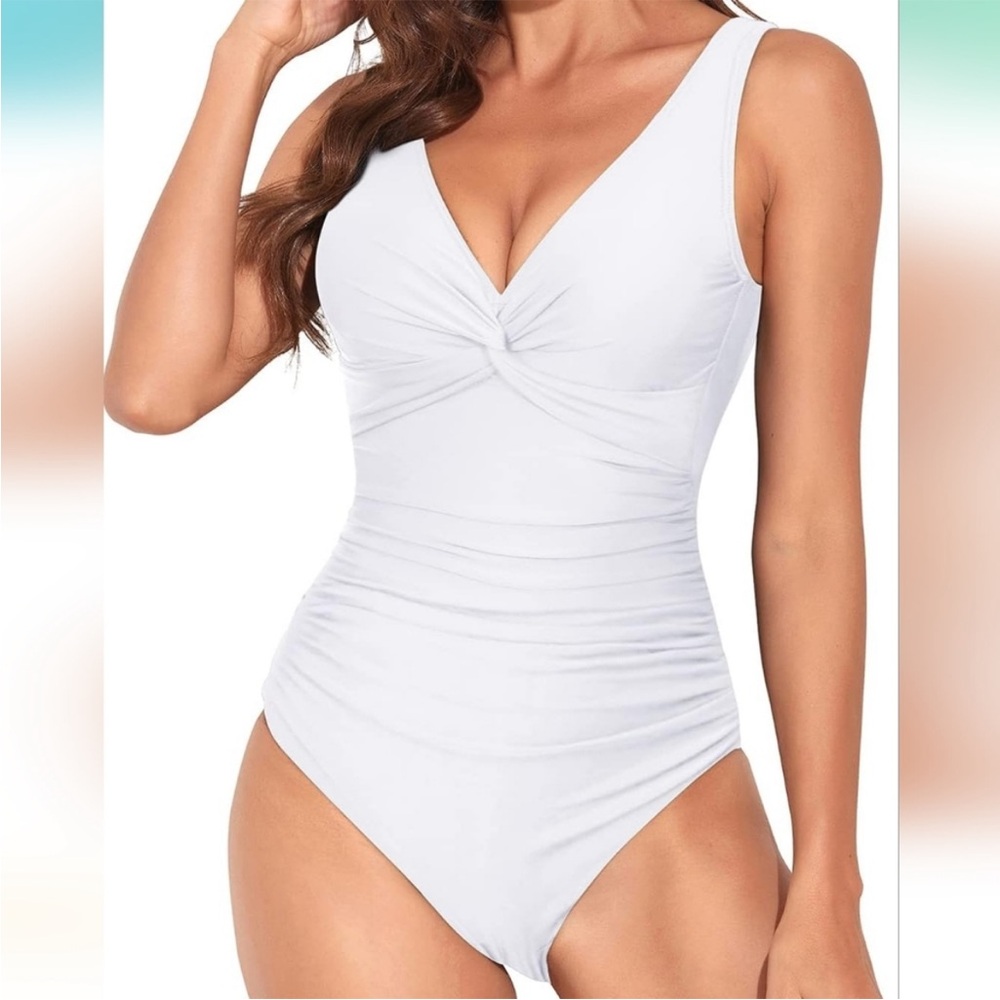 V Neck Twist Front Monokini Vintage Tummy Control Swimsuit-White C133